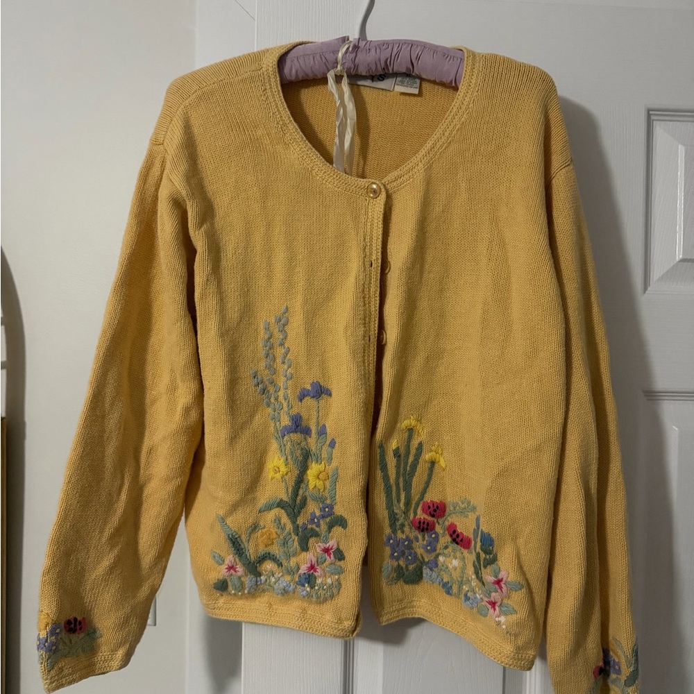 Vintage Orvis Yellow Floral Embroidered Cardigan